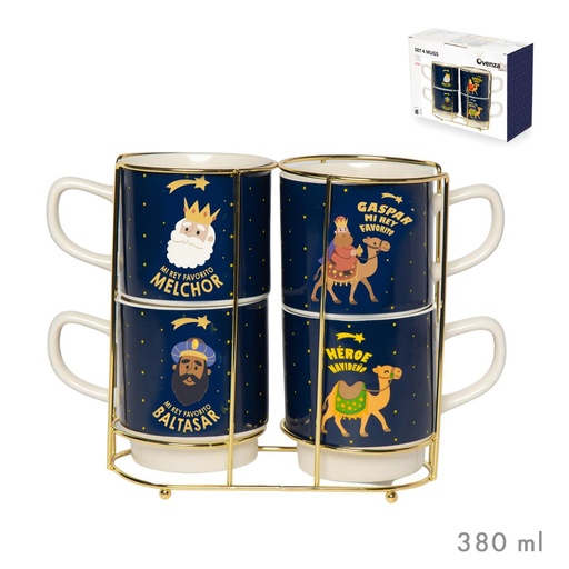 [002078] SET 4 TAZAS CAFE L EN SOPORTE DORADO REYES MAGOS